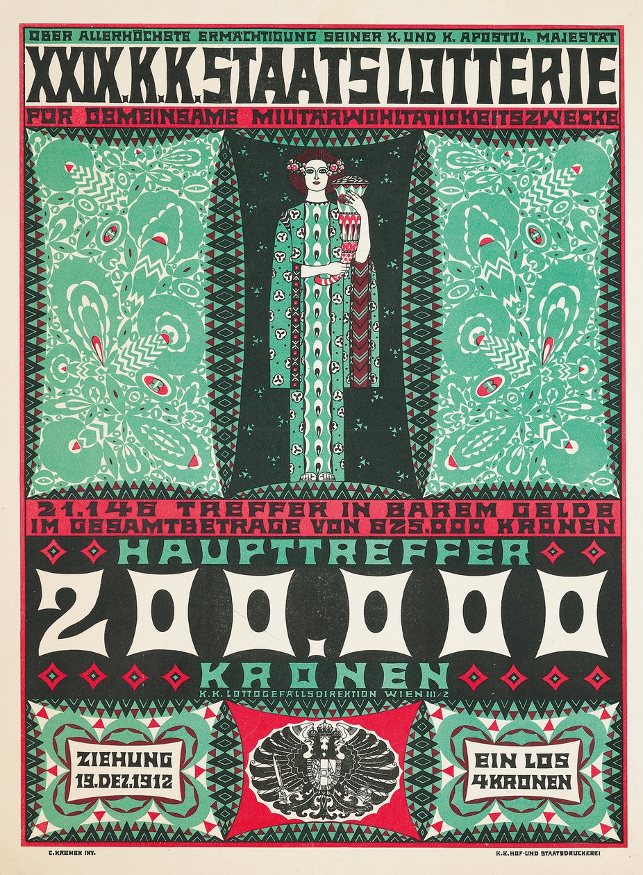 Plakat som annonserer det 24. kongelige østerrikske veldedighetslotteriet i 1912 av Carl Krenek