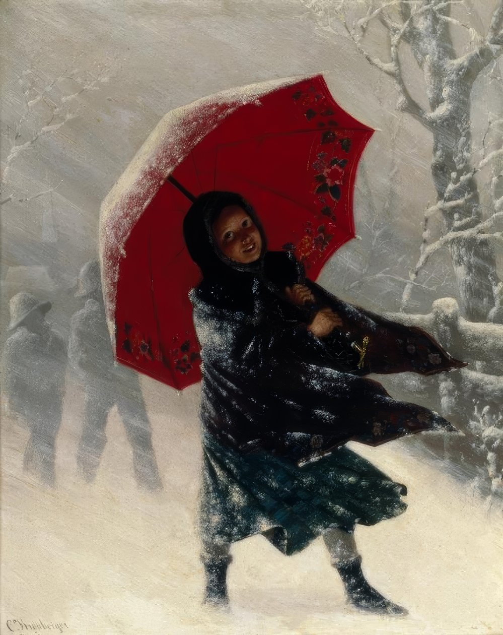 Carl Kronberger, barn i snøstorm / maleri av Carl Kronberger