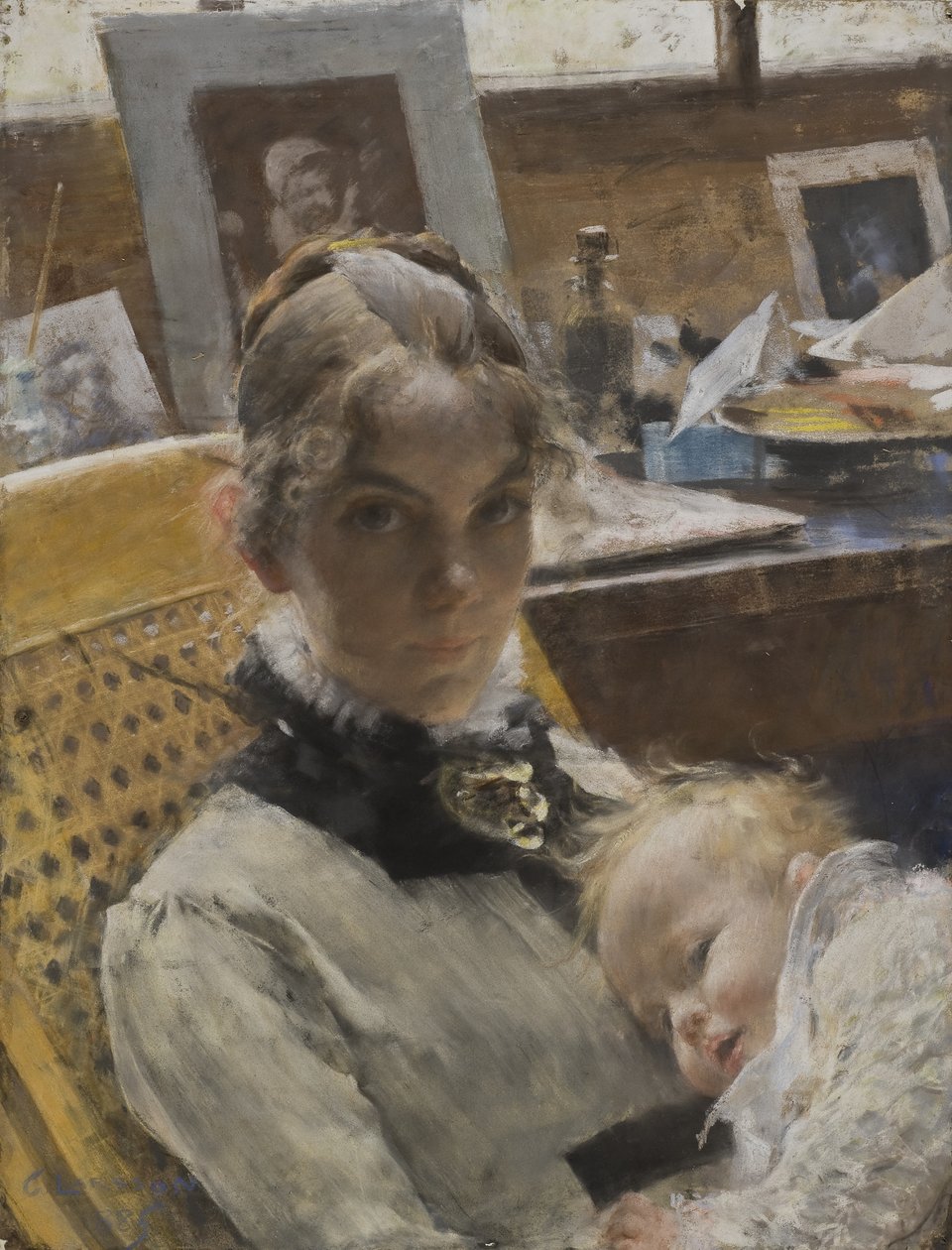 A Studio Idyll: The Artists Wife and their Daughter Suzanne, 1885 (pastell) av Carl Larsson