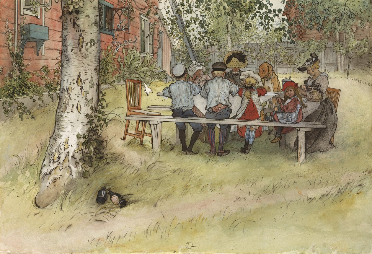 Breakfast under the Big Birch, fra A Home-serien, ca. 1895 (wc på papir) av Carl Larsson