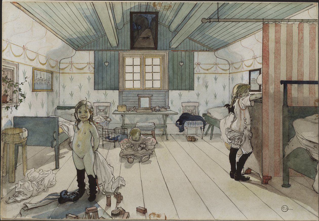 Chambre de petites filles - Små jenterom, av Larsson, Carl (1853-1919). Akvarell på papir. Mål: 32x43 cm. Nationalmuseum Stockholm av Carl Larsson
