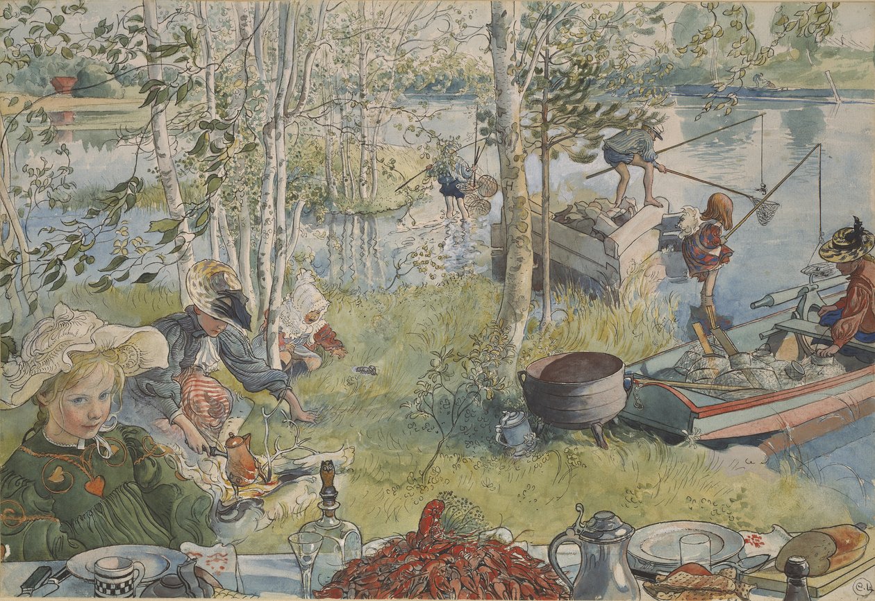 La peche aux ecrevisses - krepsefiske, av Larsson, Carl (1853-1919). Akrylfarger på papir. Mål: 32x43 cm. Nationalmuseum Stockholm av Carl Larsson