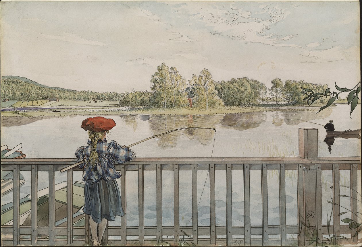 Lisbeth a la peche a la ligne - Lisbeth Angling, av Larsson, Carl (1853-1919). Akvarell og tempera på papir. Mål: 32x43 cm. Nationalmuseum Stockholm av Carl Larsson