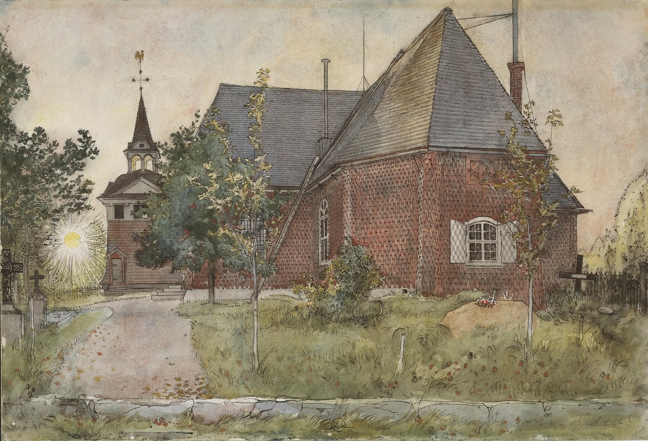 Gamle Sundborn kirke, fra A Home-serien, ca. 1895 (wc på papir) av Carl Larsson