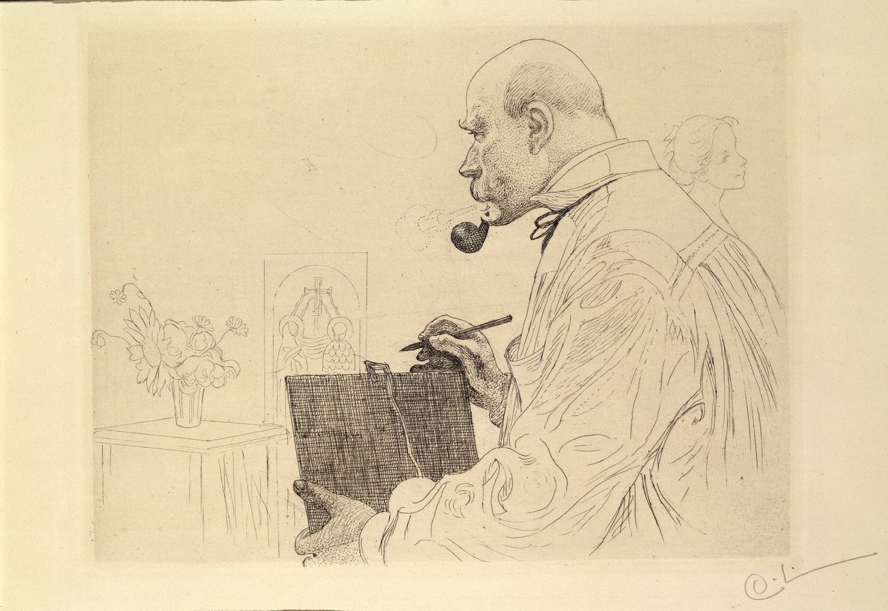 Selvportrett som raderer av Carl Larsson