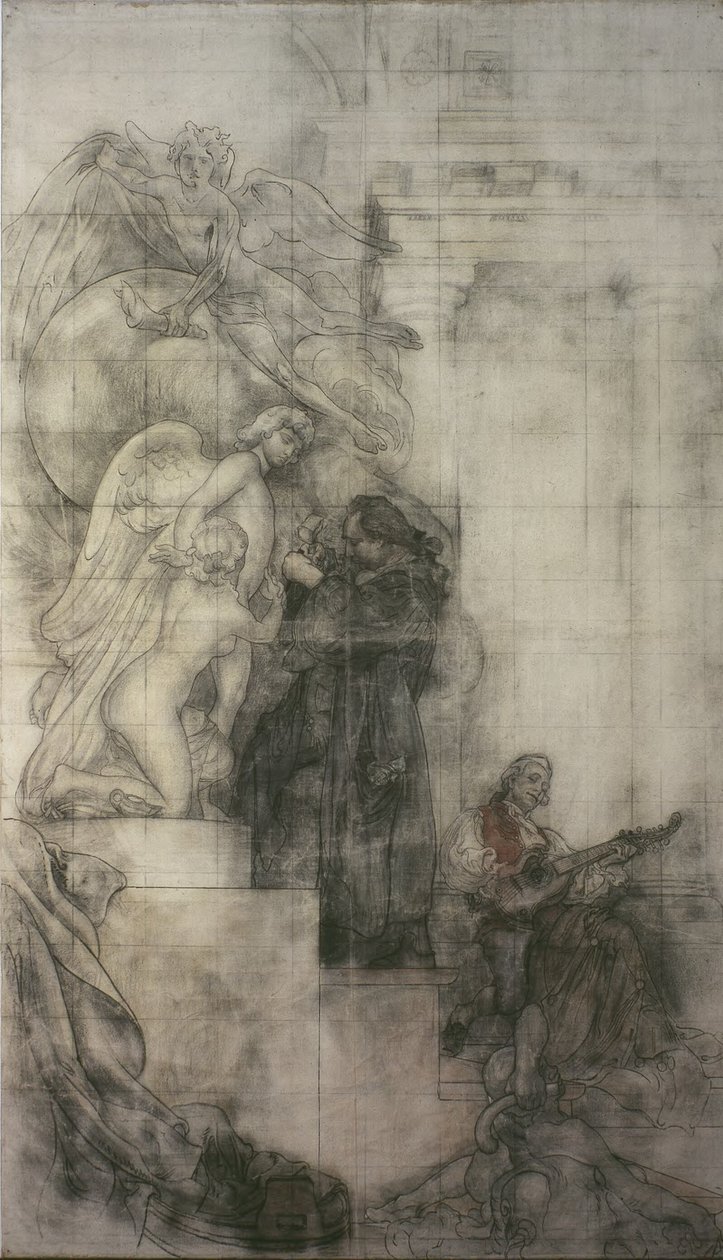 Skulpturkunsten: Carl Michael Bellman i Sergels atelier. Kartong til fresken i den nedre hallen i NM av Carl Larsson