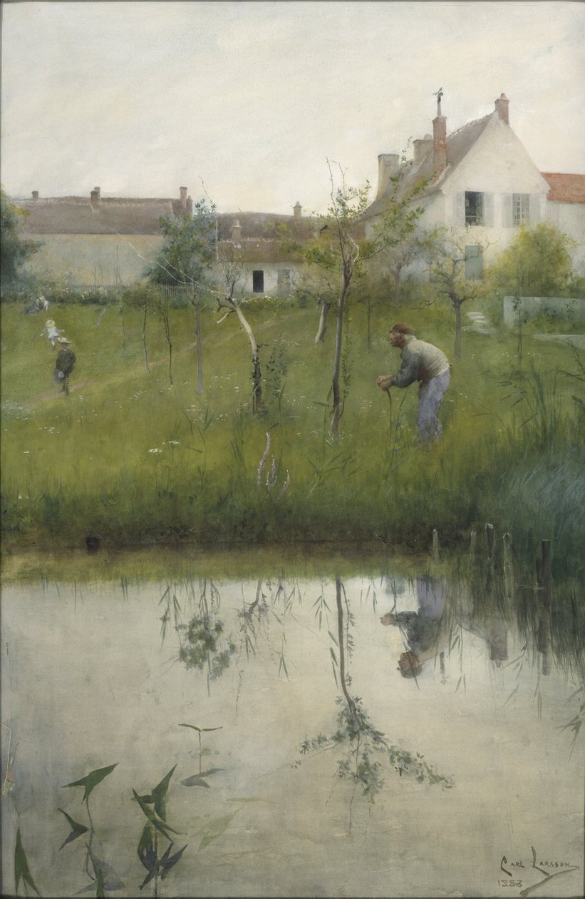 Den gamle mannen og planteskolens hage av Carl Larsson