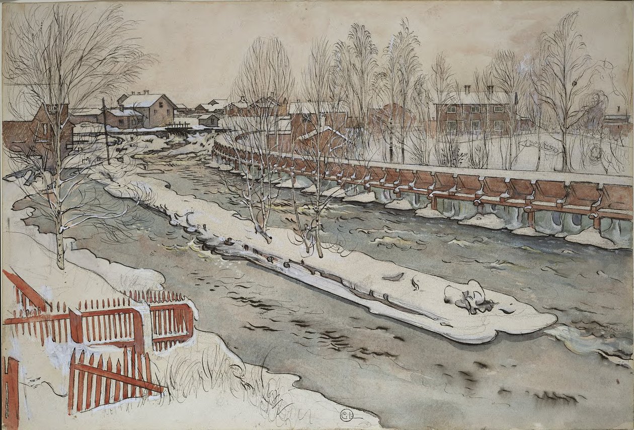 Tømmerrenna. Vinterscene. Fra Et hjem (26 akvareller) av Carl Larsson