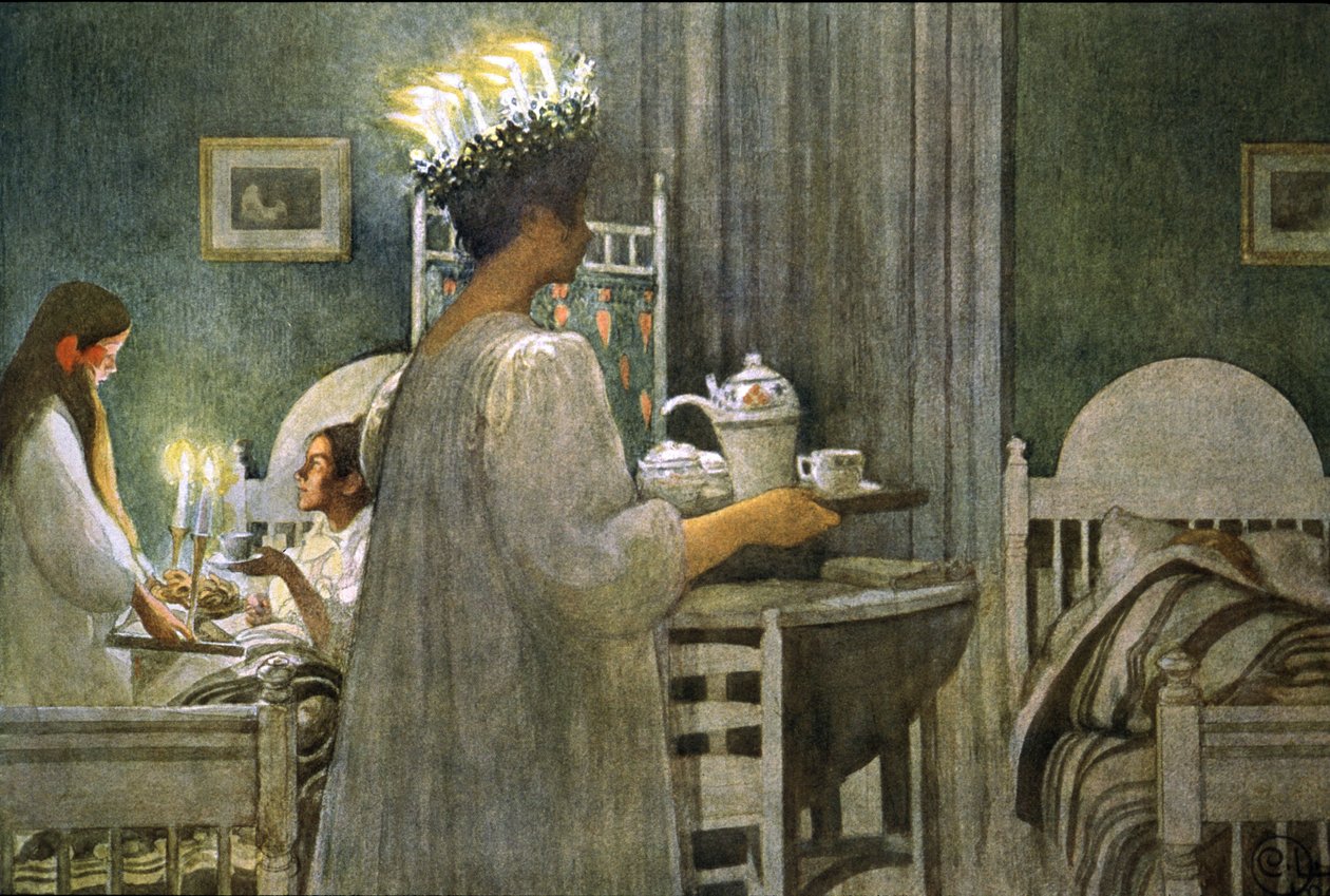 ung jente med stearinlys krone på håret under Saint Lucy-dagen, illustrasjon 1916 av Carl Larsson