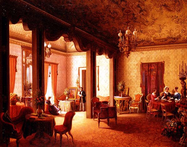 Interiør i salongen til Tsarina Alexandra i Villa des Herzogs Serradifalco, Palermo av Carl Ludwig Rundt