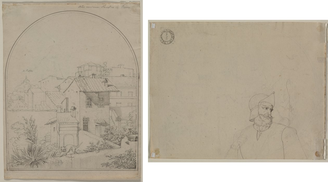 Utsikt fra mitt vindu i Roma (recto) Soldier in a Landscape (verso) av Carl Ludwig Tischbein