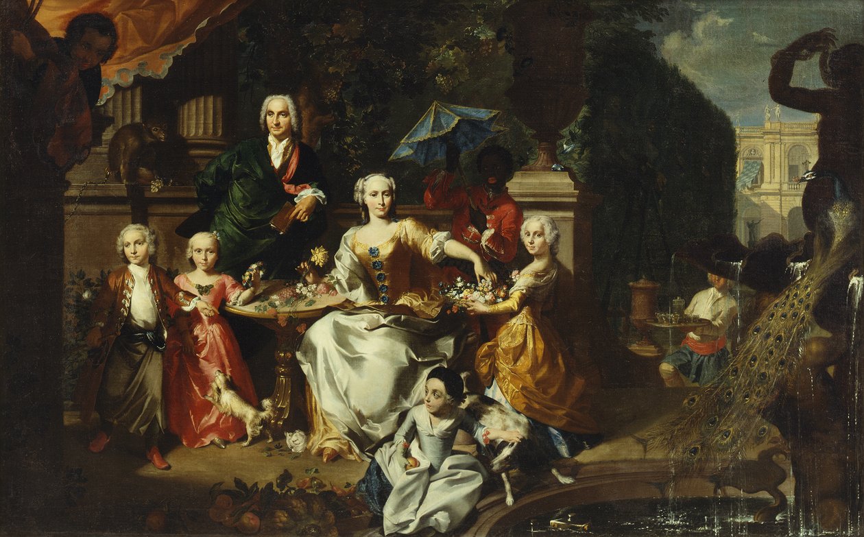 En familiegruppe på en terrasse på eiendommen til en villa, muligens George Jackson og hans familie, 1737 av Carl Marcus Tuscher