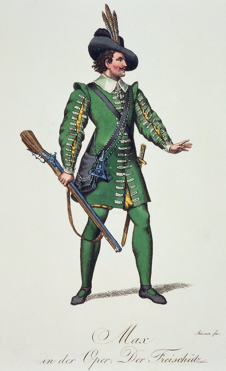 Max, kostymeskisse for Der Freischutz (skytteren eller friskytteren), av Carl Maria von Weber (1786-1826) av Carl Maria von Weber