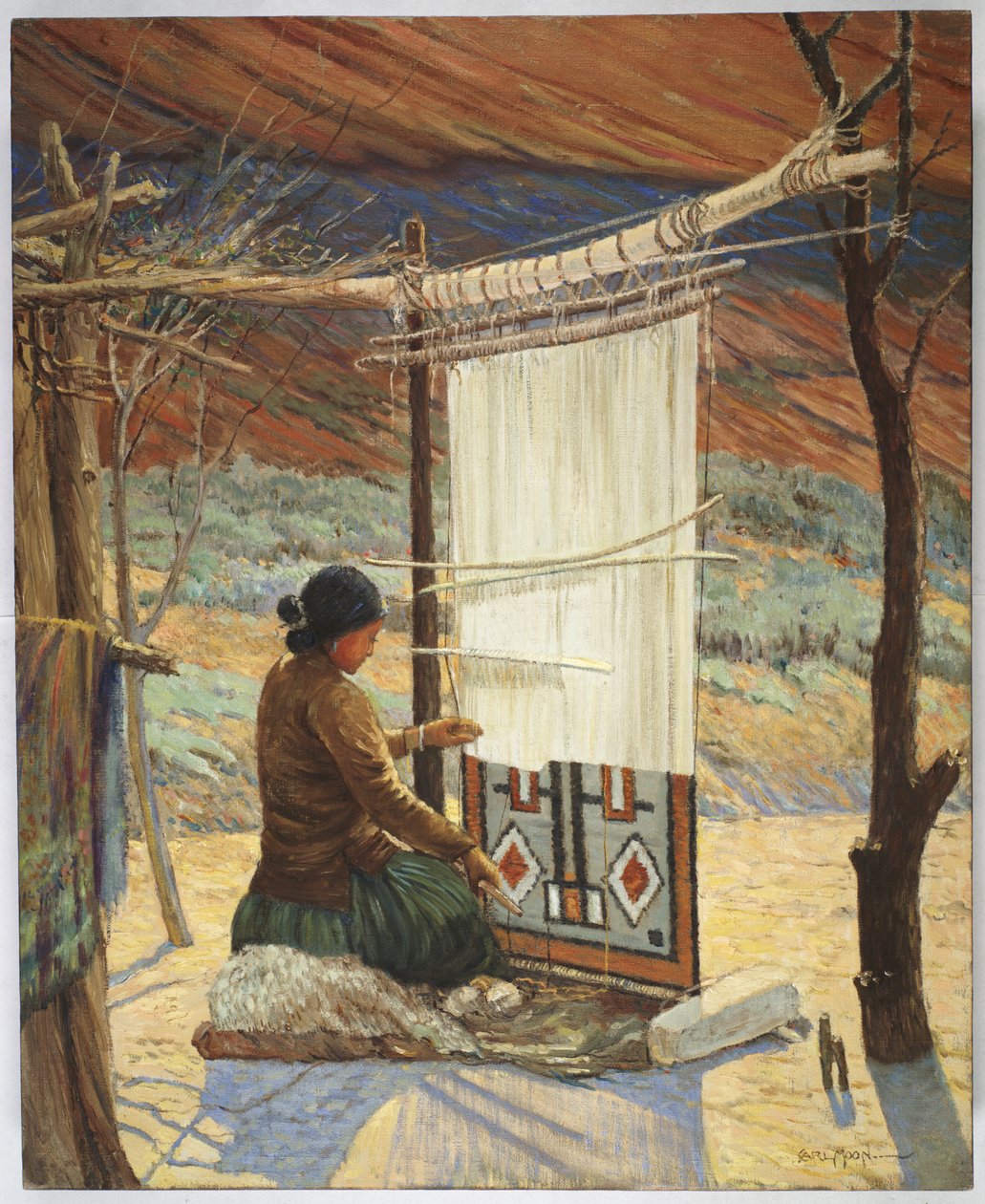 Navaho Weaver, Canyon de Chelly, Navaho Reserve (olje på lerret montert på panel) av Carl Moon