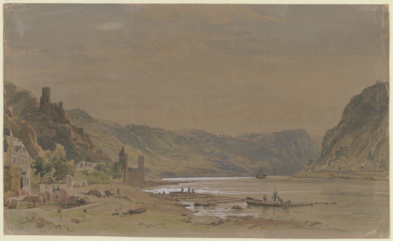 Utsikt over Sankt Goarshausen med borgen Maus, med Loreley-klippen i bakgrunnen av Carl Morgenstern