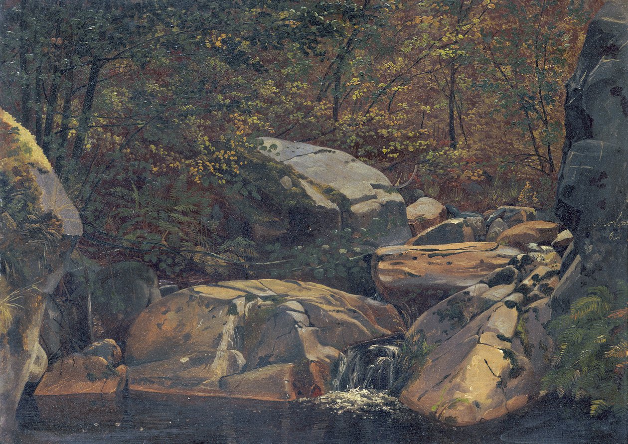 Skogbekk (Foss mellom steinblokker) av Carl Morgenstern