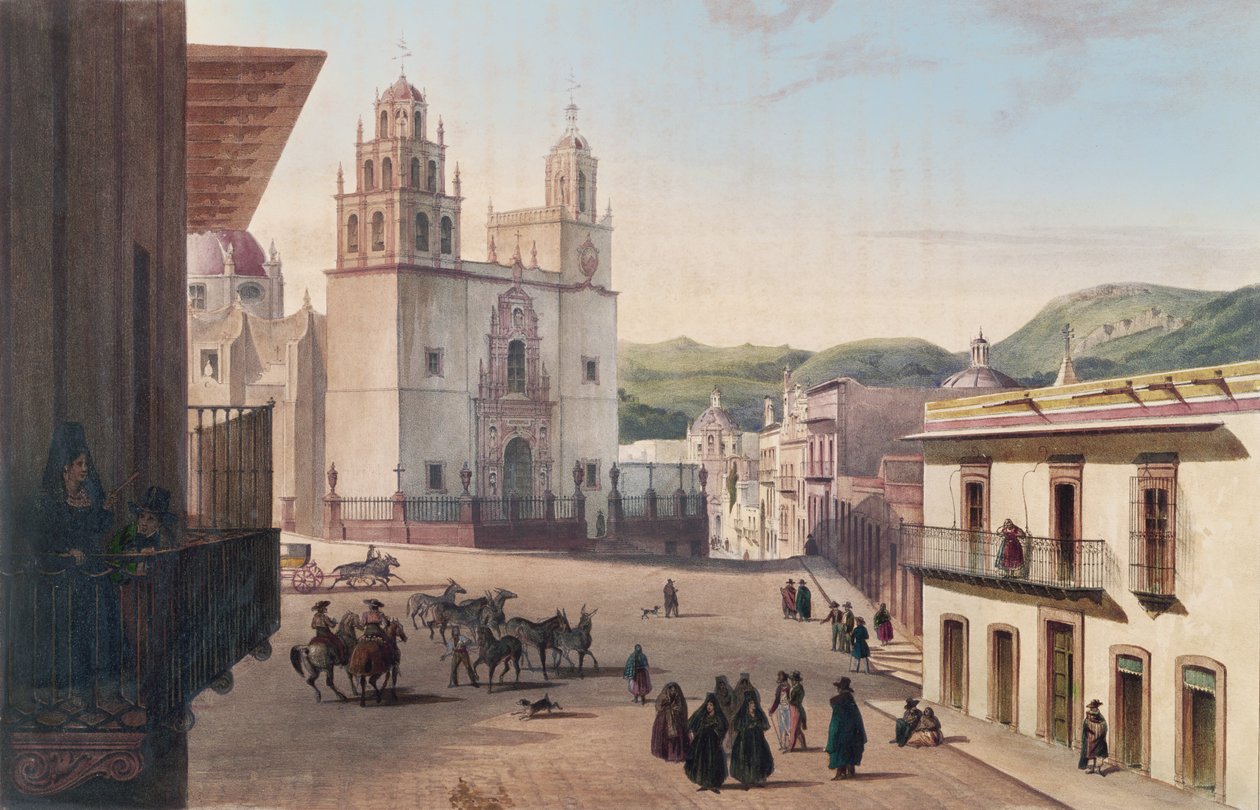 Plaza Mayor de Guanajuato (farget gravering) av Carl Nebel