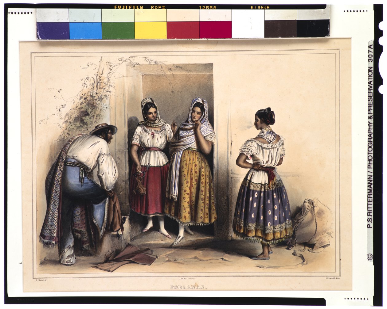 Kvinner fra Puebla, etter 1836 (farge litho) av Carl Nebel