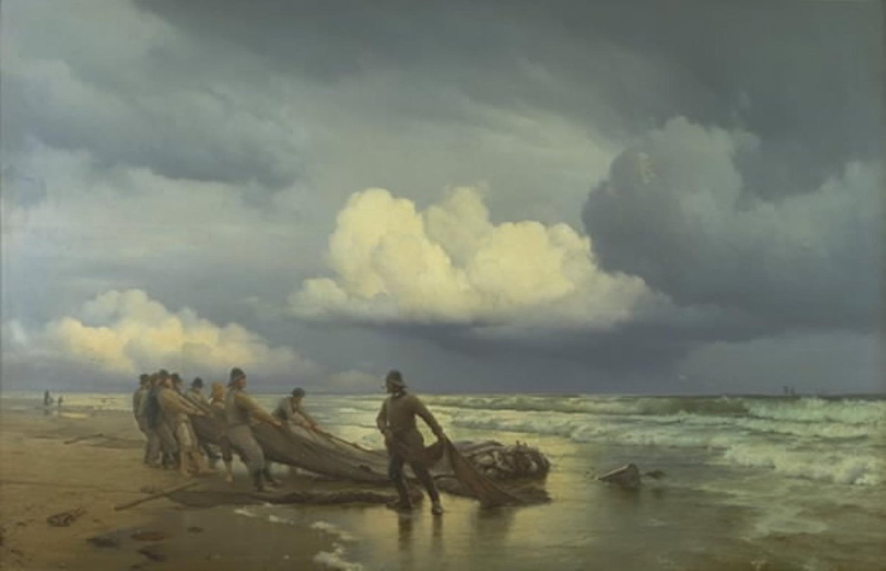 Fiskere trekker våte på Skagen Nordstrand av Carl Neumann