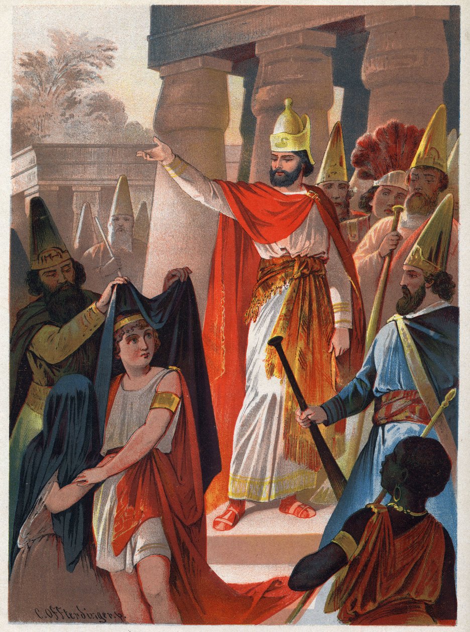 På et skilt av Sarastro sprer en prest store svarte seil på prins Tamino og prinsesse Pamina Illustrasjon av Carl Offterdinger (1829-1889) i "" Den fortryllede fløyten"" (Die Zauberflote, flauto magico, Tryllefløyten). Privat samling. av Carl Offterdinger