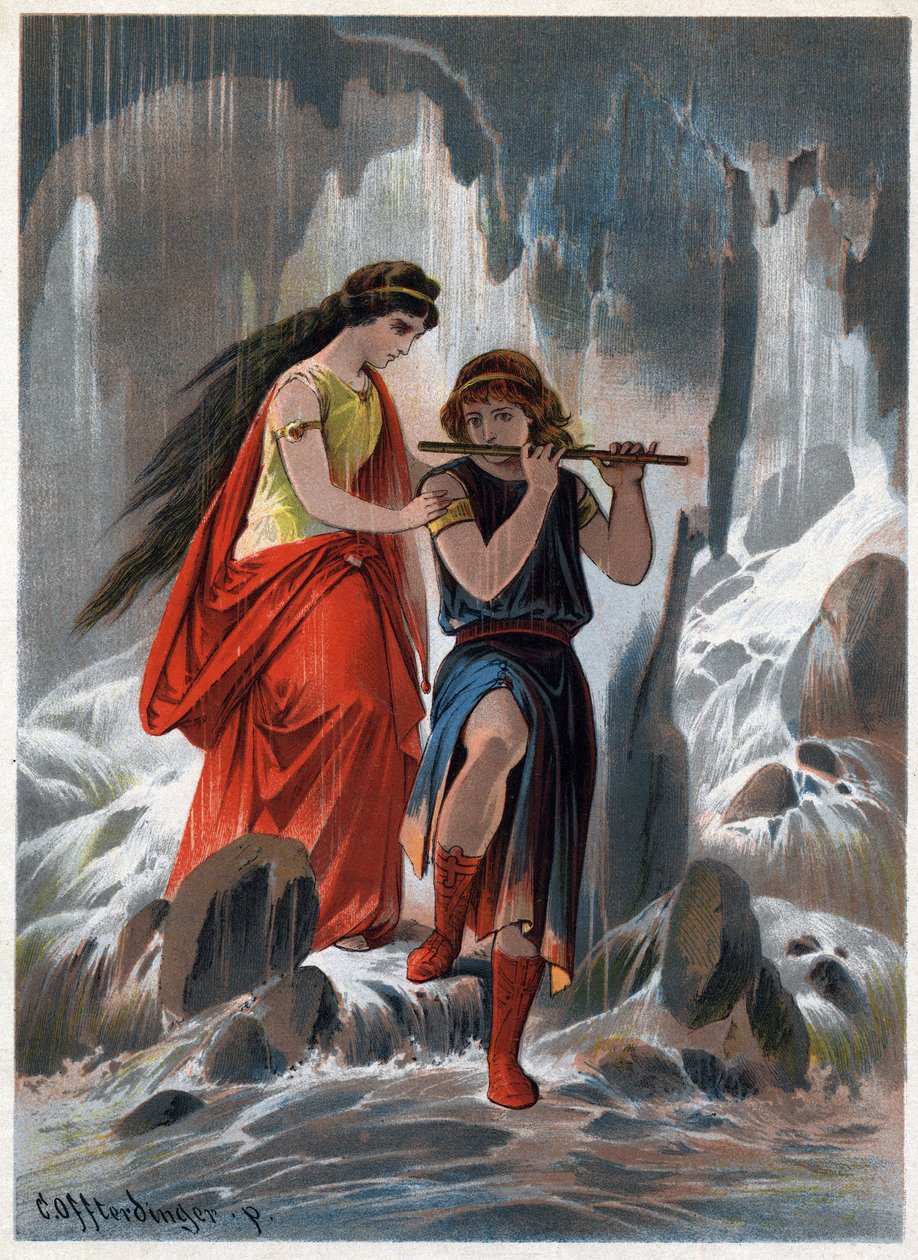 Prins Tamino og prinsesse Pamina krysset vannstammene som rant uten frykt og prinsen fortsatte å spille på fløyte. Illustrasjon av Carl Offterdinger (1829-1889) i “”Den fortryllede fløyte””. (Die Zauberflote, flauto magico, Tryllefløyten) Pri av Carl Offterdinger