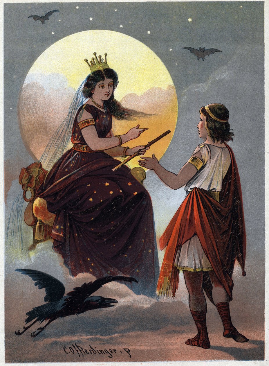 Prins Tamino foran den fortryllende Nattens Dronning og tilbyr datteren hennes i ekteskap hvis han klarer å trekke henne ut av hendene på den grusomme Sarastro. Illustrasjon av Carl Offterdinger (1829-1889) i “”Den fortryllede fløyte””. (Die Zauberflote, f av Carl Offterdinger