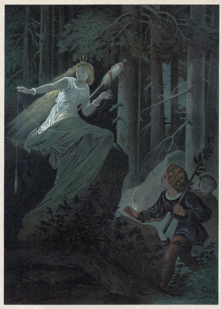 Gebyret som løp av gårde med en gyllen spindel sang skjebnen til en gyllen knapp. Illustrasjon av Carl Offterdinger (1829-1889) i “” Bouton d