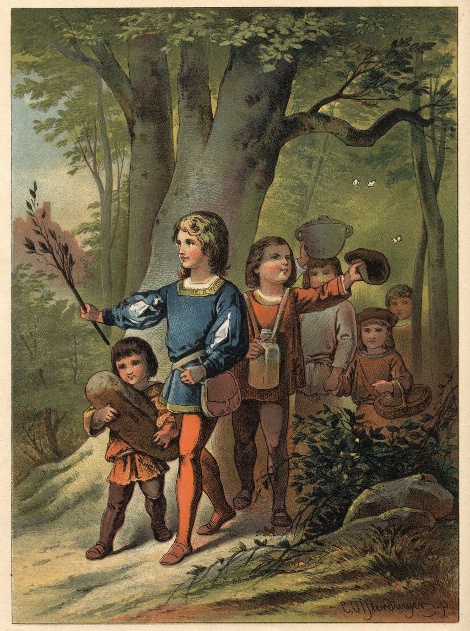 De seks barna drar til skogen for å finne faren med Bouton d