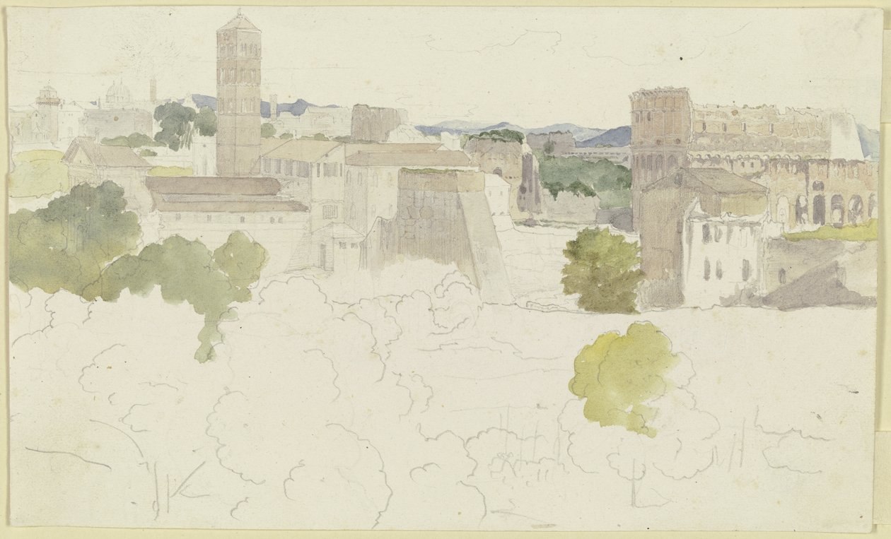 Utsikt over Roma med Colosseum til høyre, fjell i det fjerne av Carl Philipp Fohr