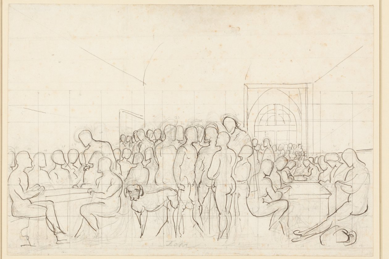 Første utkast til gruppeportrettet av de tyske kunstnerne i Roma som nakne figurer av Carl Philipp Fohr
