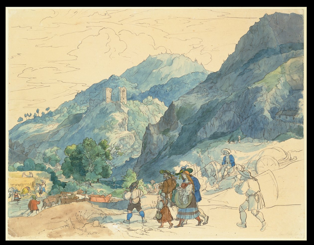 Landskap i nærheten av Innsbruck med ruinene ved Fragenstein og landsbyfolk som er på vei hjem og arbeider på åkrene av Carl Philipp Fohr