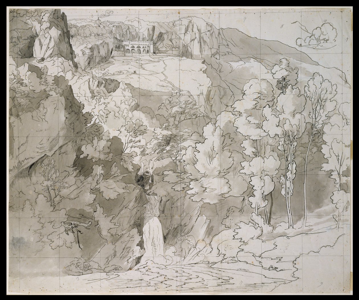 Landskap nær Subiaco med en foss og San Benedetto-klosteret av Carl Philipp Fohr