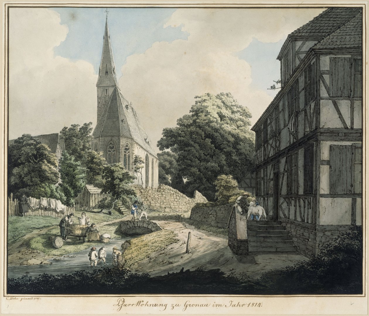 Prestegård og kirke i Gronau i året 1814 av Carl Philipp Fohr