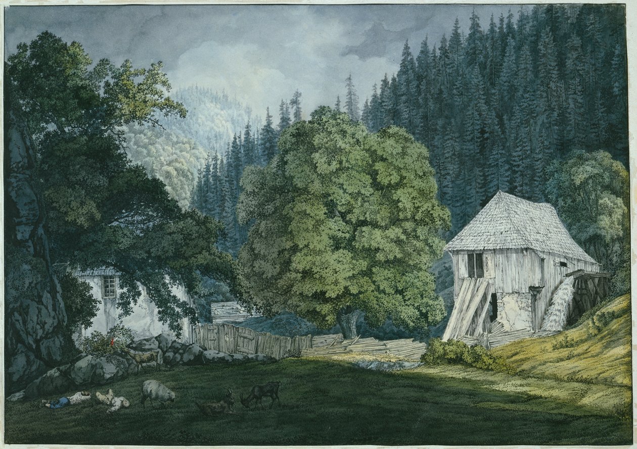 Schneidemühle i Beuerner Thale (ark 8 fra skisseboken over Badens omgivelser) av Carl Philipp Fohr