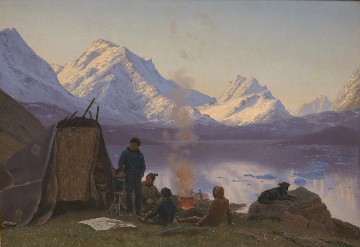 En grønlandsk bosetning ved en fjord. Sommer av Carl Rasmussen