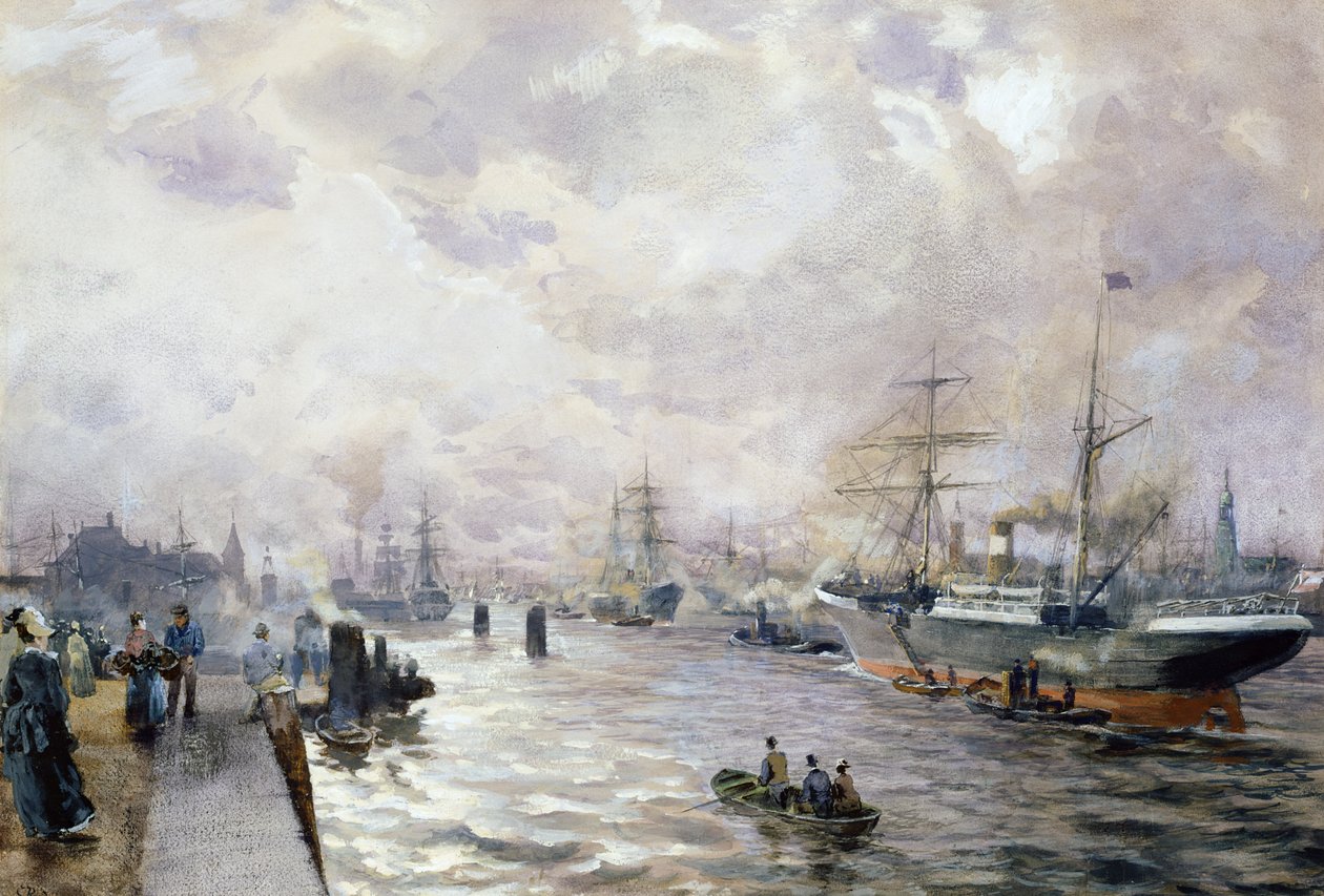 Seilskip i havnen i Hamburg, 1889 (wc og gouache på papir) av Carl Rodeck