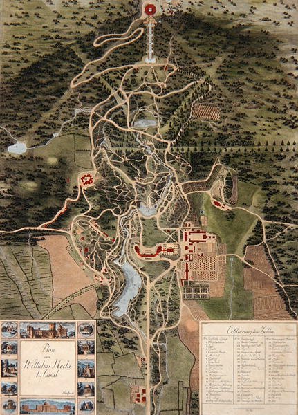Plan av Wilhelmshohe nær Kassel (farget etsning) av Carl Schaeffer
