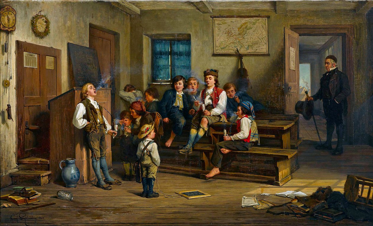 Den forbudte frukten (i et klasserom røyker skolebarn pipe) - Den forbudte frukten - Carl Bernhard Schloesser (1832-etter 1914). olje på lerret av Carl Schlosser