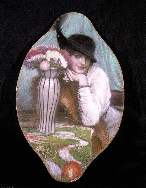 Portrett av en jente ved en vase med blomster av Carl Schlosser