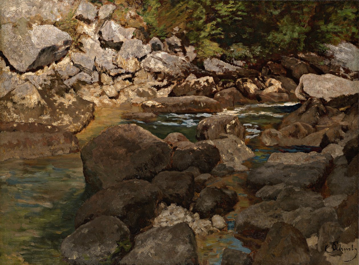 Fjellbekk med steinblokker, 1888-1889 av Carl Schuch