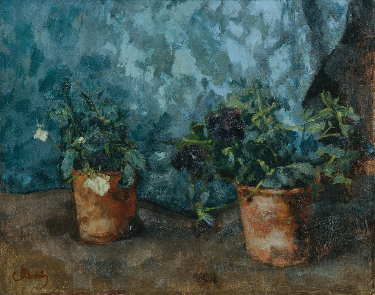 Stilleben med blomsterpotter av Carl Schuch