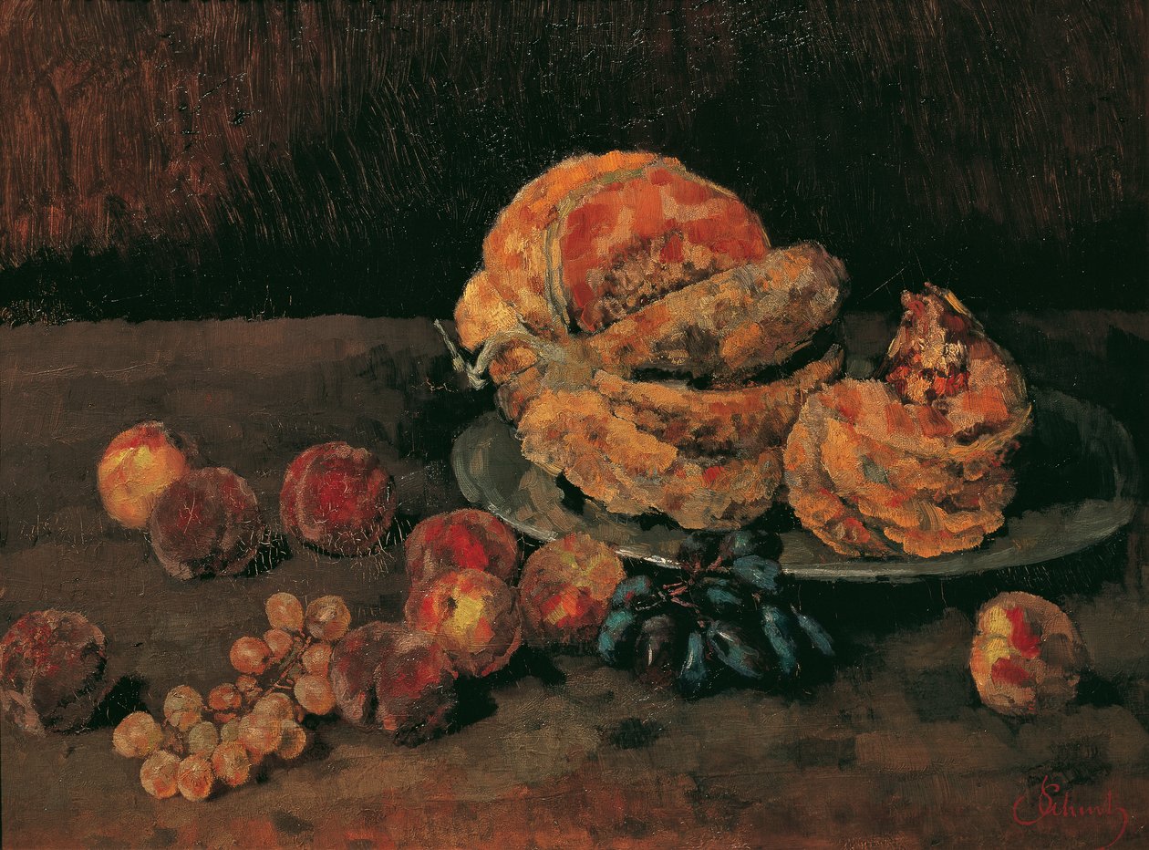 Stilleben med gresskar, fersken og druer av Carl Schuch