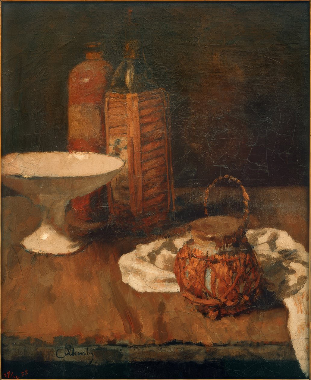 Stilleben med marasquinoflaske og bolle av Carl Schuch