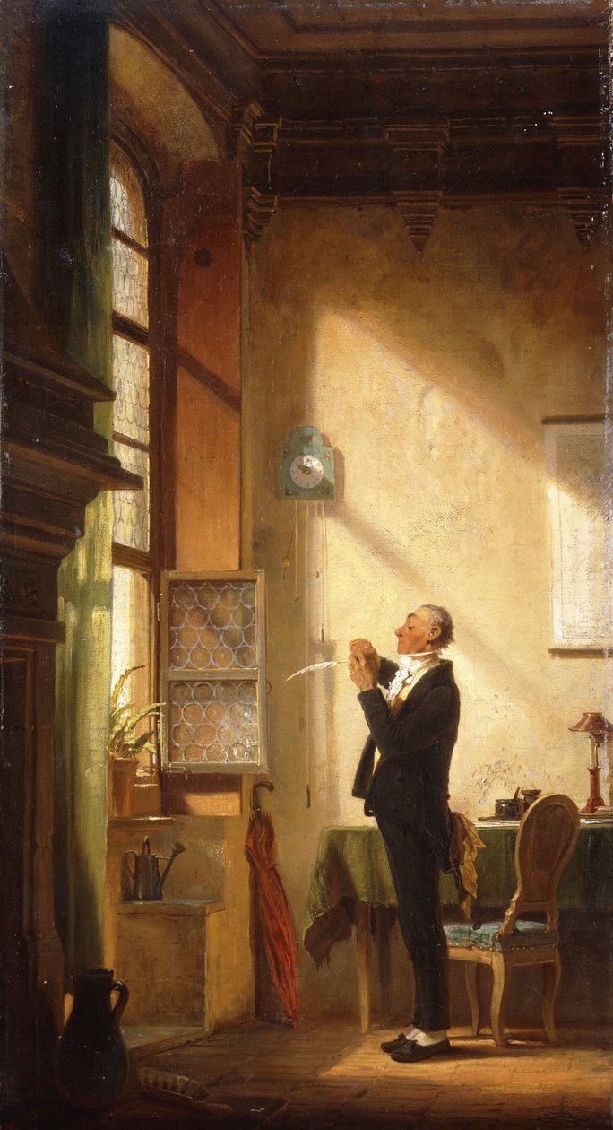 A Writer Sharpening his Quill; Skriveren klipper en penn, av Carl Spitzweg