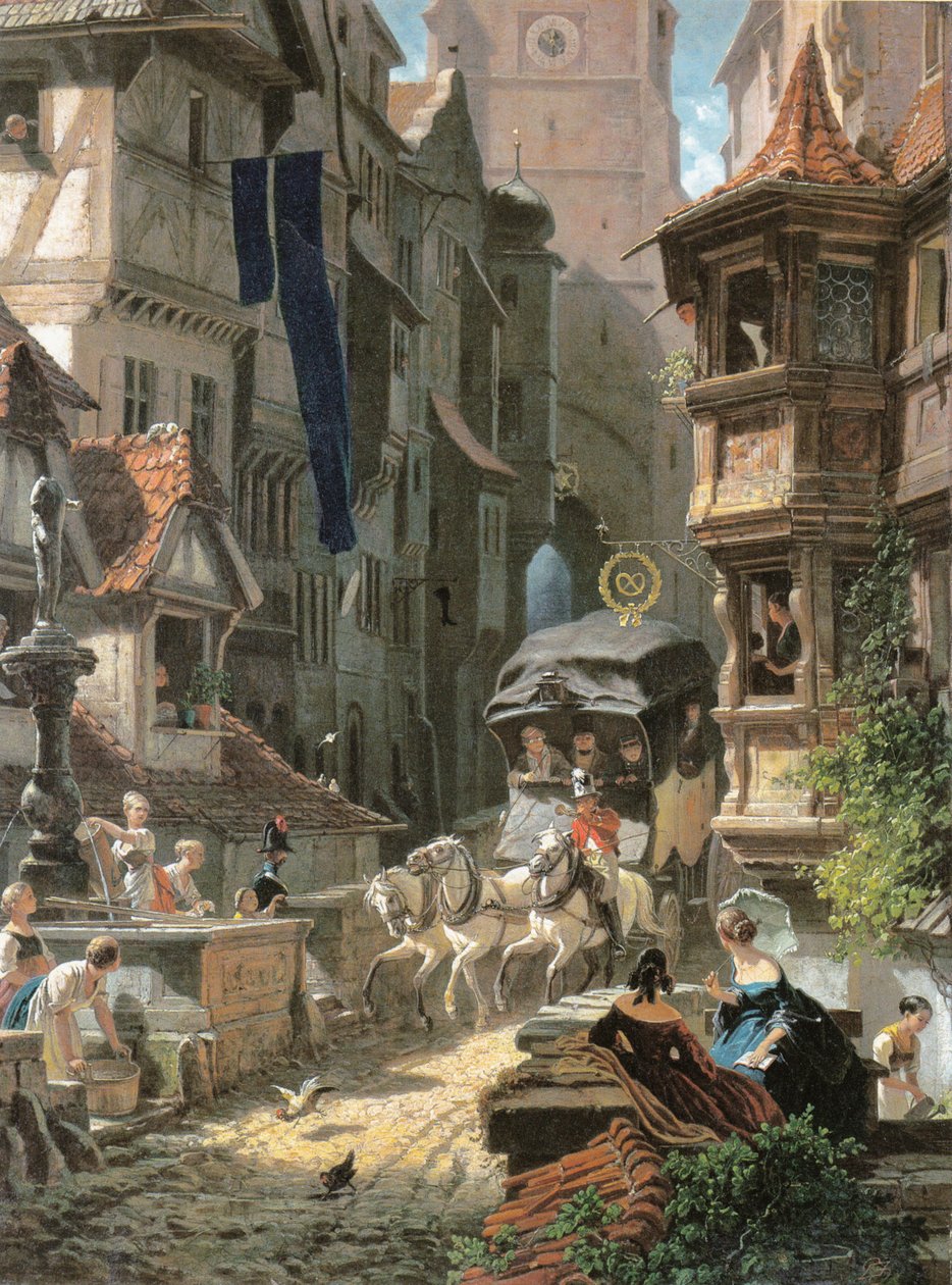 Ankomst av stagecoach av Carl Spitzweg