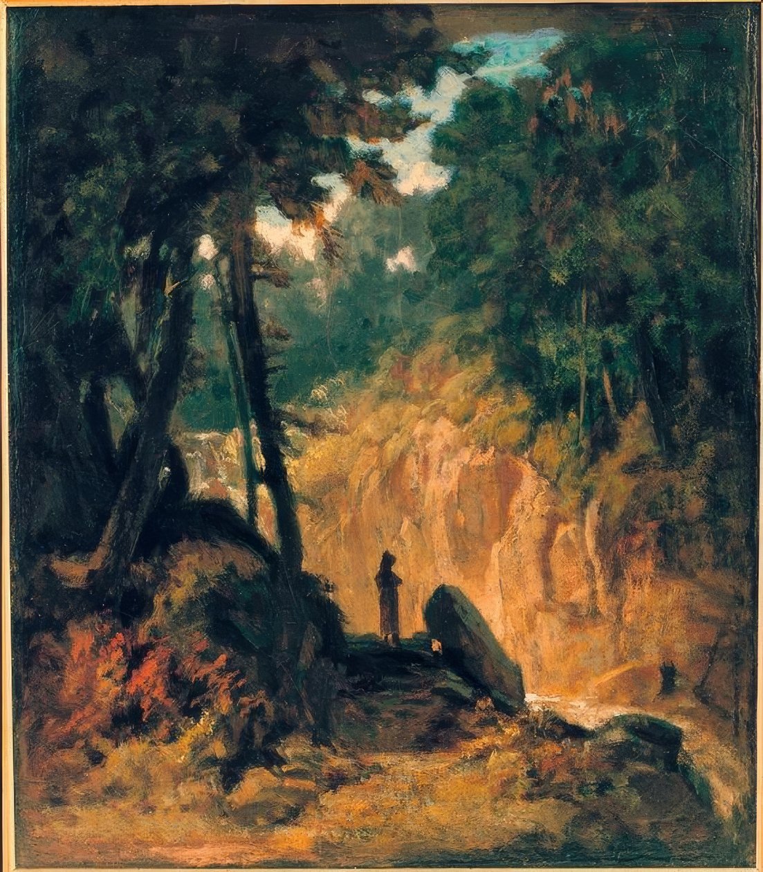 Skoglandskap med en foss, på bredden med Kapuzinerm av Carl Spitzweg