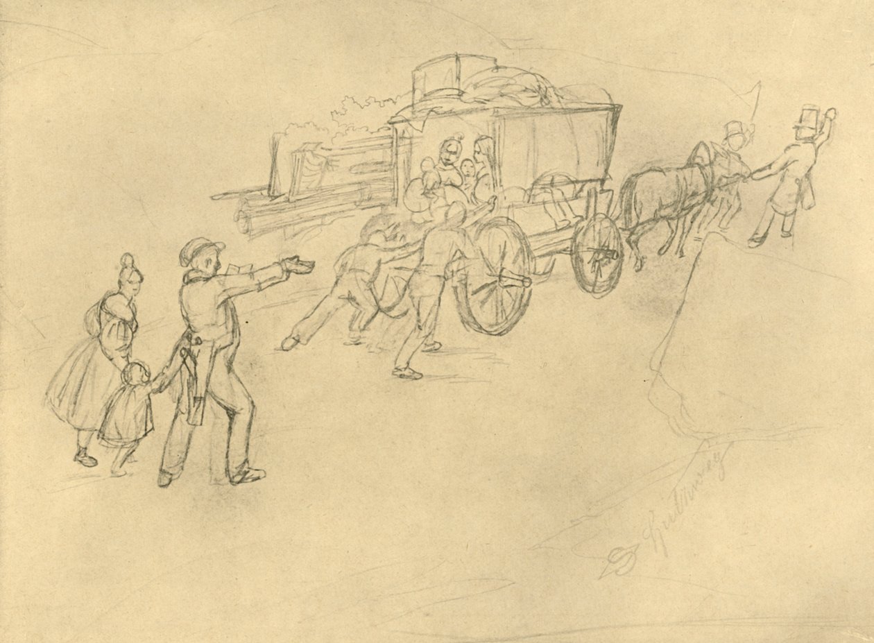 The Thespian Actor Travelling, midten av slutten av 1800-tallet, ca 1924. av Carl Spitzweg