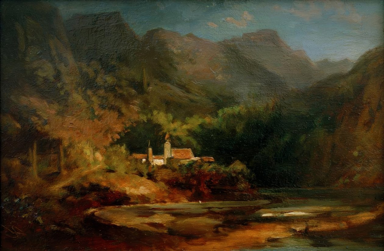 Landsby ved en innsjø i fjelldalen av Carl Spitzweg