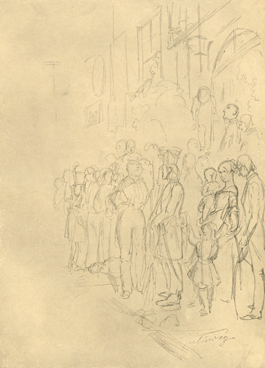 Venter på prosesjonen, midten av slutten av 1800-tallet, c1924. av Carl Spitzweg