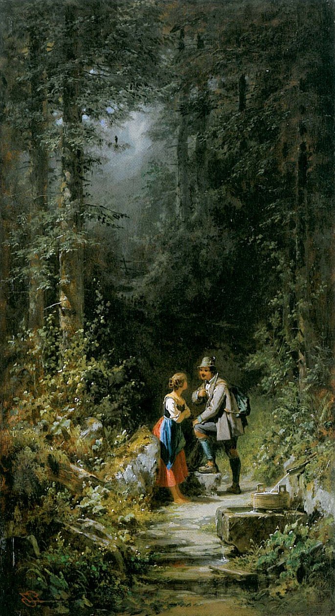 Jeger og meieri ved skogbrønnen av Carl Spitzweg